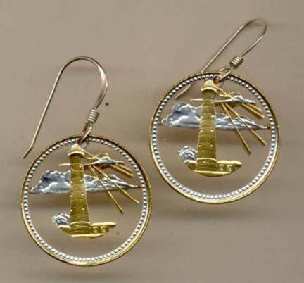 Barbados 5 Cent "Lighthouse" Two Toned Coin Cut Out Earrings
