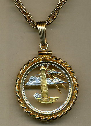Barbados 5 Cent "Lighthouse" Two Tone Coin Cut Out Pendant with 18" Chain and Rope Bezel
