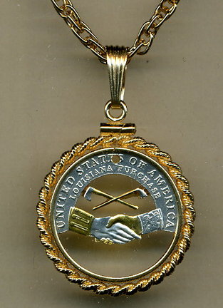 Jefferson Nickel Peace Medal (2004) Two Tone Coin Cut Out Pendant with 18" Chain and Rope Bezel