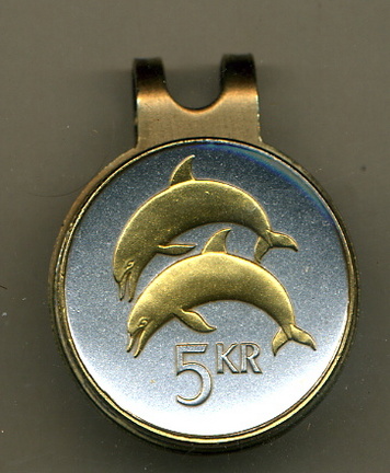 Iceland 5 Kronur 'Dolphins' Two Tone Coin Golf Ball Marker