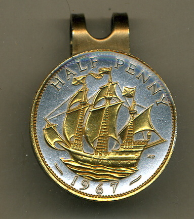 British 1/2 Penny 'Sailing Ship' Two Tone Coin Golf Ball Marker