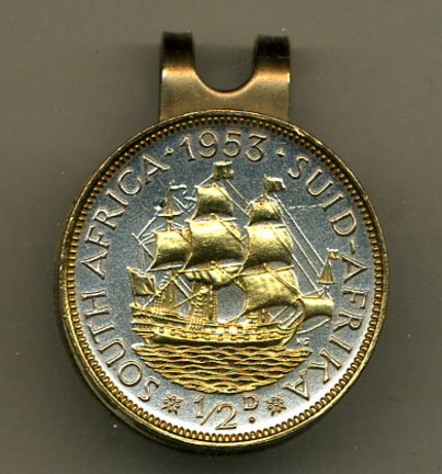 South African 1/2 Penny "Sailing Ship" Two Tone Coin Golf Ball Marker