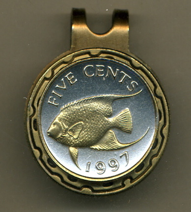 Bermuda 5 Cent 'Angel Fish' Two Tone Coin Golf Ball Marker