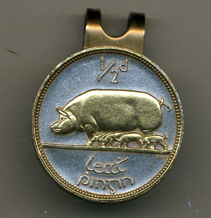 Irish 1/2 Penny 'Pig and Piglets' Two Tone Coin Golf Ball Marker