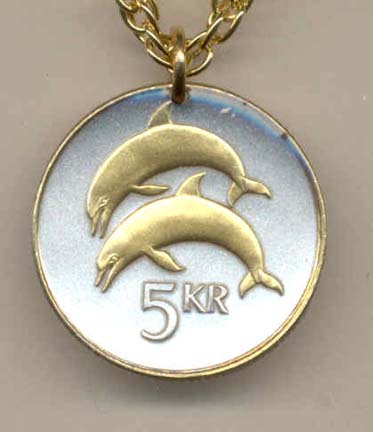 Iceland 5 Kronur "Dolphins" Two Tone Coin Pendant with 18" Chain