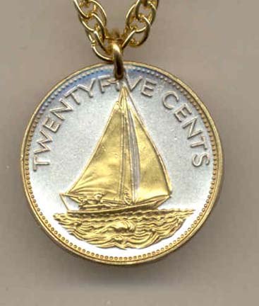 Bahamas 25 Cent "Sail Boat" Two Tone Coin Pendant with 18" Chain