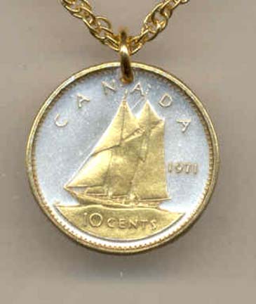 Canadian 10 Cent "Bluenose Sail Boat" Two Tone Coin Pendant with 18" Chain
