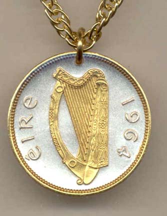 Irish Penny "Harp" (1964) Two Tone Coin Pendant with 18" Chain