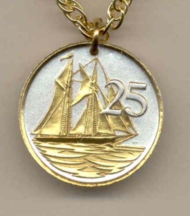 Cayman Islands 25 Cent  “Sail Boat” Two Tone Coin with 18" Necklace