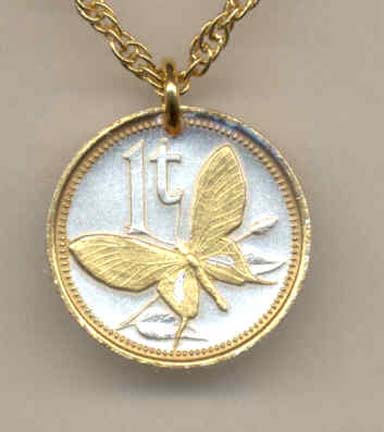 Papa New Guinea 1 Toea "Butterfly" Two Tone Coin Pendant with 18" Chain