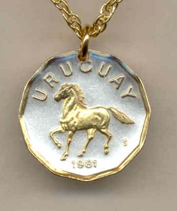 Uruguay 10 Centesimal "Horse" Two Tone Coin Pendant with 18" Chain