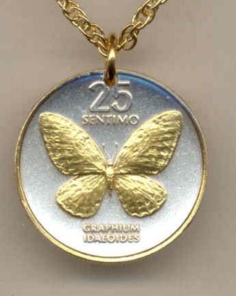 Philippines 25 Sentimos "Butterfly" Two Tone Coin Pendant with 18" Chain