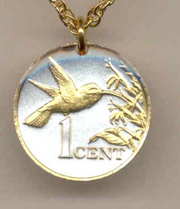 Trinidad & Tobago 1 Cent "Hummingbird" Two Tone Coin Pendant with 18" Chain