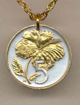 Cook Islands 5 Cent "Hibiscus" Two Tone Coin Pendant with 18" Chain
