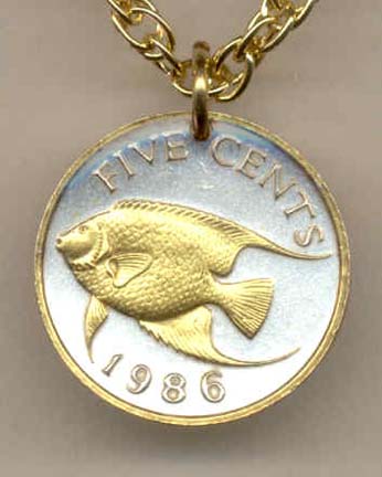 Bermuda 5 Cent "Angel Fish" Two Tone Coin Pendant with 18" Chain