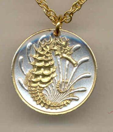 Singapore 10 Cent "Sea Horse" Two Tone Coin Pendant with 18" Chain