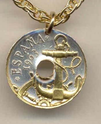 Spanish 50 Centimes “Anchor and Ships Wheel” Two Tone Coin with 18" Necklace