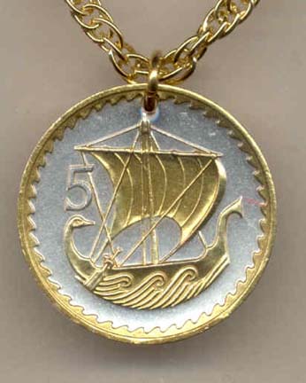 Cyprus 5 Mils "Viking Ship" Two Tone Coin Pendant with 18" Chain