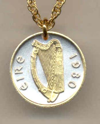 Irish Penny "Harp" (1980) Two Tone Coin Pendant with 18" Chain