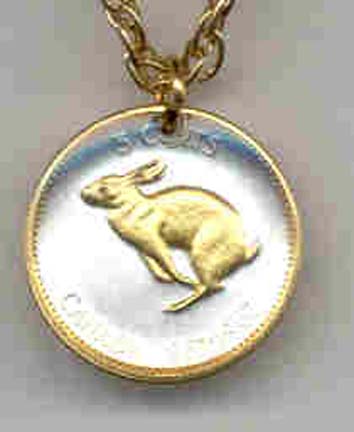 Canadian Centennial 5 Cent "Rabbit" Two Toned Coin Pendant and 18" Chain 