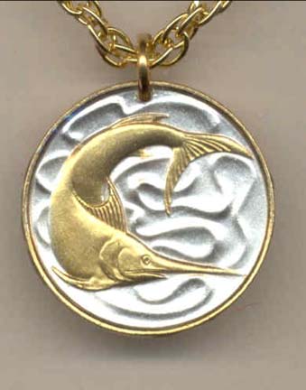 Singapore 20 Cent "Sword Fish" Two Tone Coin Pendant with 18" Chain 