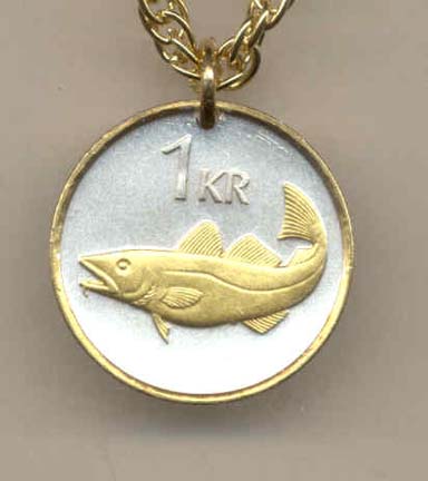 Iceland 1 Krona "Cod Fish" Two Tone Coin Pendant with 18" Chain 