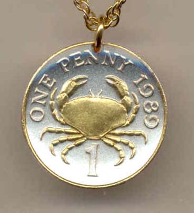 Guernsey Penny "Crab" Two Tone Coin Pendant with 18" Chain 