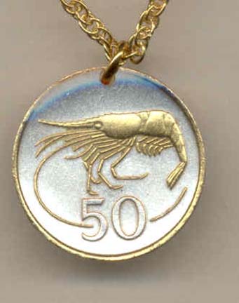 Iceland 50 Aurar "Shrimp" Two Tone Coin Pendant with 18" Chain 