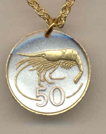 Iceland 50 Aurar "Shrimp" Two Tone Coin Pendant with 18" Chain 