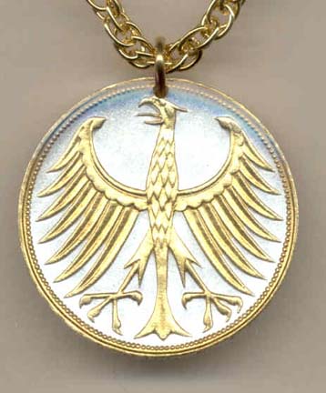 German 5 Mark Silver Coin "Eagle" Two Tone Coin Pendant with 24" Chain 