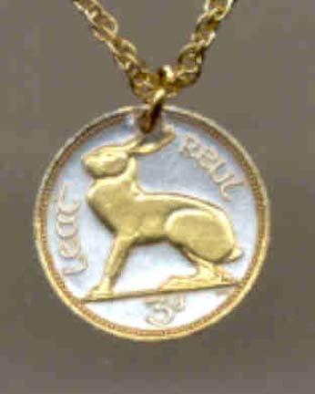 Ireland 3 Pence "Rabbit" Two Toned Coin Pendant and 18" Chain 