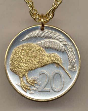 New Zealand 20 Cent "Kiwi" Two Tone Coin Pendant with 24" Chain