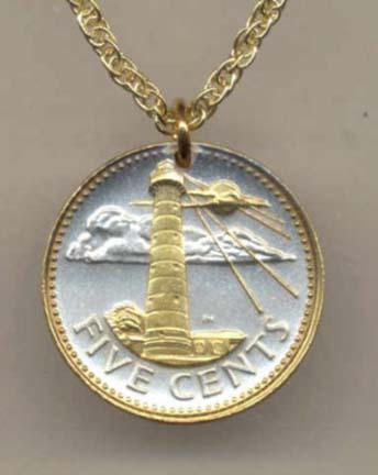 Barbados 5 Cent "Lighthouse" Two Tone Coin Pendant with 18" Chain