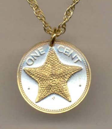 Bahamas 1 Cent "Star Fish" Two Tone Coin Pendant with 18" Necklace