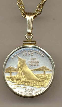 Rhode Island Two Tone Plain Edge Statehood Quarter with 18" Rope Necklace