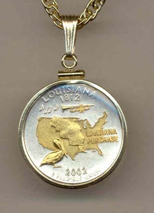 Louisiana Two Tone Plain Edge Statehood Quarter with 18" Rope Necklace