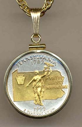 Pennsylvania Two Tone Plain Edge Statehood Quarter with 18" Rope Necklace