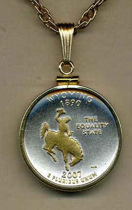 Wyoming Two Tone Plain Edge Statehood Quarter Pendant with 18" Rope Necklace