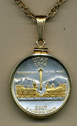 Utah Two Tone Plain Edge Statehood Quarter Pendant with 18" Rope Necklace