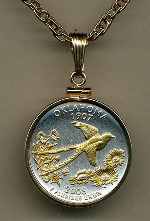 Oklahoma Two Tone Plain Edge Statehood Quarter Pendant with 18" Rope Necklace