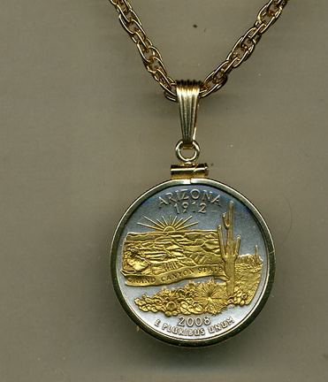 Arizona Two Tone Plain Edge Statehood Quarter Pendant with 18" Rope Necklace