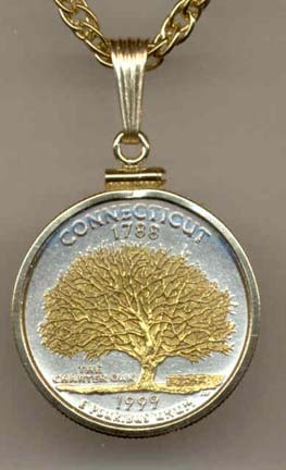 Connecticut Two Tone Plain Edge Statehood Quarter with 18" Rope Necklace