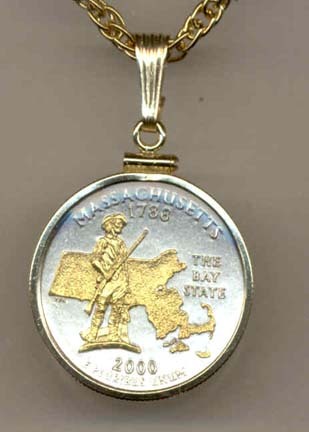 Massachusetts Two Tone Plain Edge Statehood Quarter with 18" Rope Necklace