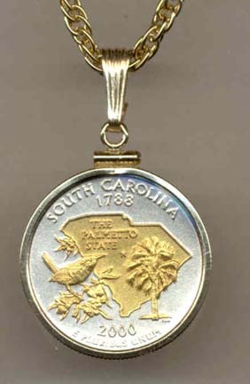 South Carolina Two Tone Plain Edge Statehood Quarter with 18" Rope Necklace