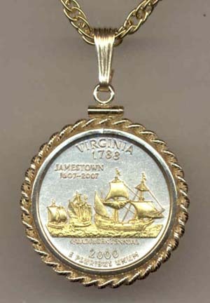 Virginia Two Tone Rope Bezel Statehood Quarter with 18" Rope Necklace