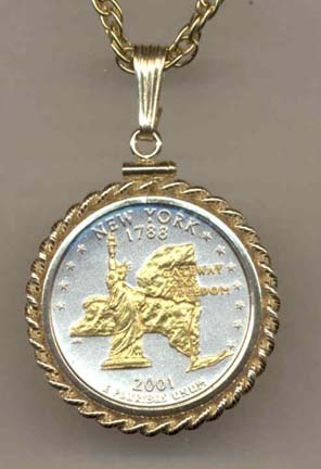 New York Two Tone Rope Bezel Statehood Quarter with 18" Rope Necklace