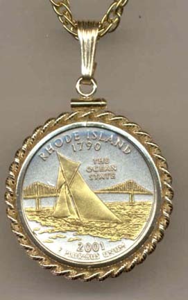 Rhode Island Two Tone Rope Bezel Statehood Quarter with 18" Rope Necklace