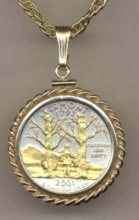 Vermont Two Tone Rope Bezel Statehood Quarter with 18" Rope Necklace