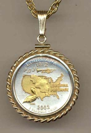 Louisiana Two Tone Rope Bezel Statehood Quarter with 18" Rope Necklace