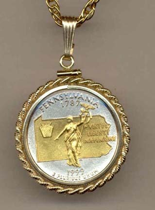 Pennsylvania Two Tone Rope Bezel Statehood Quarter with 18" Rope Necklace